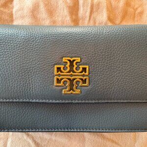 Tory Burch Britten Small Crossbody Bag Light Blue Leather Gold Chain Logo